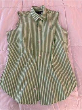 Polo by Ralph Lauren Green and White Striped Sleeveless Button-Up Top